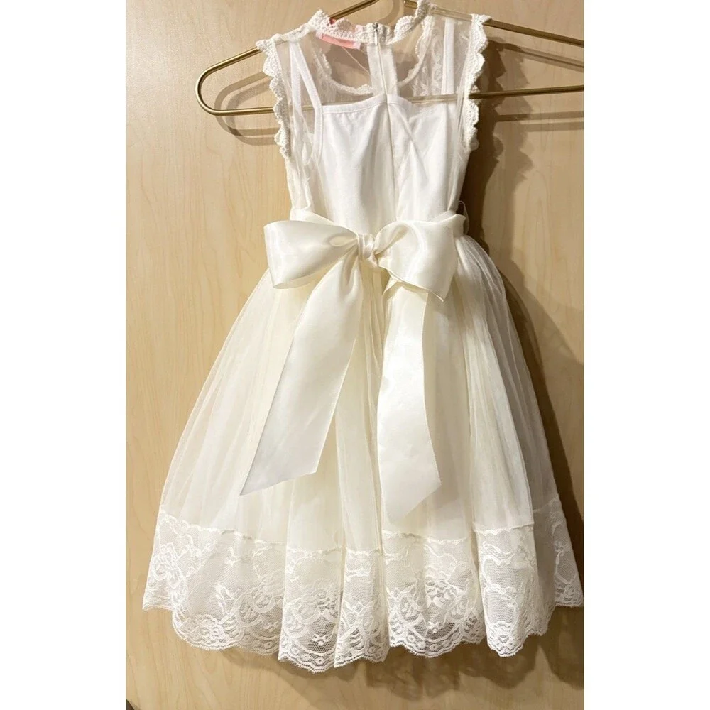 Girls Ivory Lace Tulle Dress Satin Bow Special Occasion Size 4-5